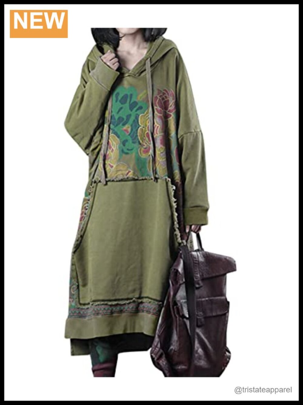 YESNO Women Hooded Sweatshirt Dress Ethnic Floral Print High Low Pullover